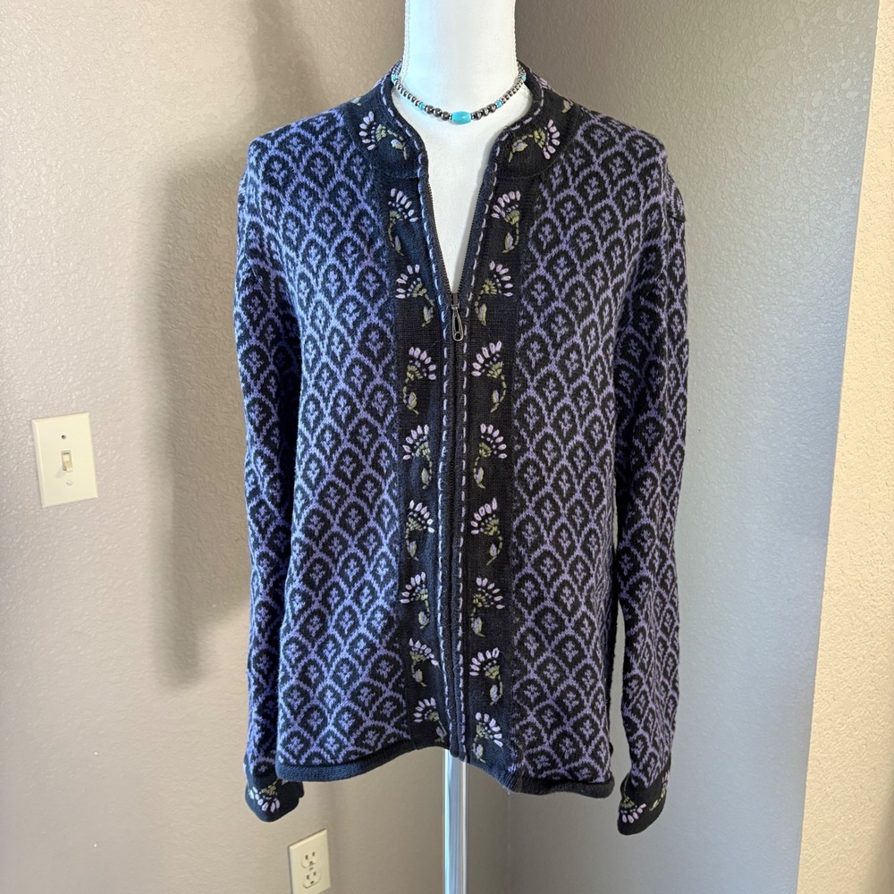 Nomadic Traders Womens XL Full Zip Cardigan Sweater Purple Black Floral